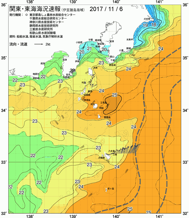 海況図, 関東・東海海況速報/伊豆諸島海域 検索結果, (黒潮, 水温分布, 冷水域, 暖水波及 等を図示)