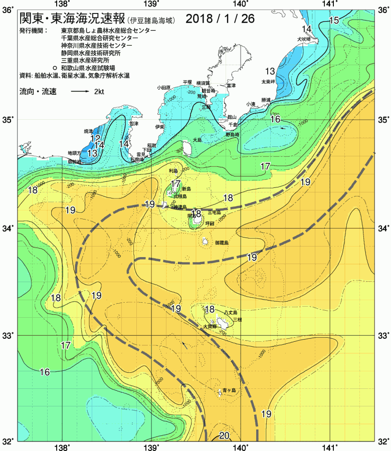 海況図, 関東・東海海況速報/伊豆諸島海域 検索結果, (黒潮, 水温分布, 冷水域, 暖水波及 等を図示)