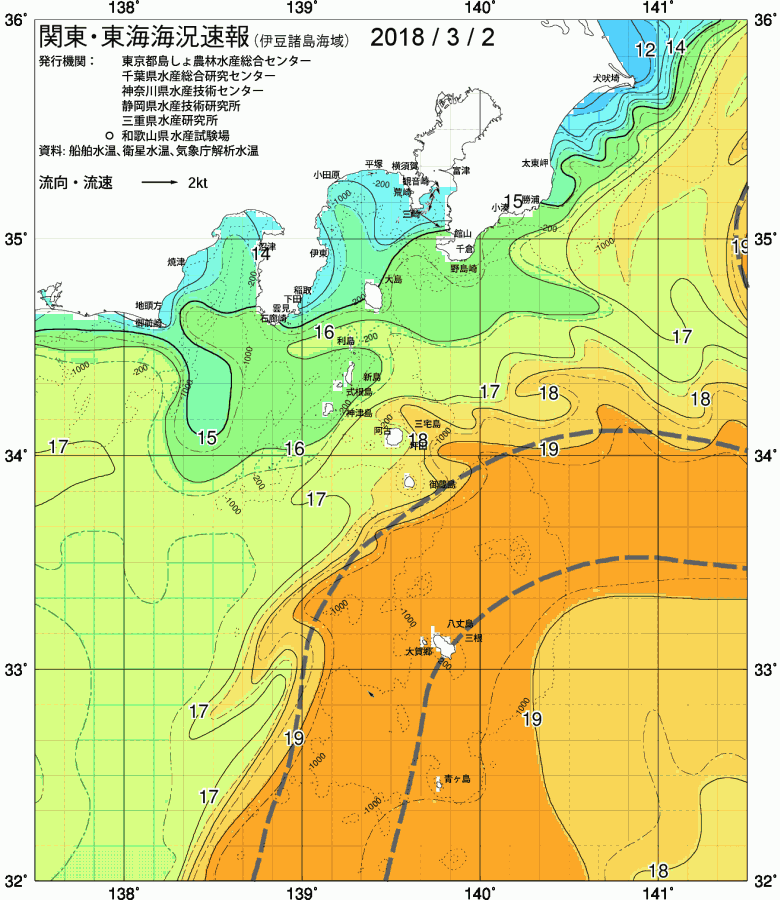 海況図, 関東・東海海況速報/伊豆諸島海域 検索結果, (黒潮, 水温分布, 冷水域, 暖水波及 等を図示)