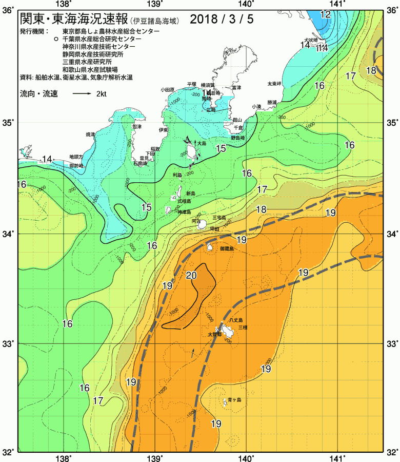 海況図, 関東・東海海況速報/伊豆諸島海域 検索結果, (黒潮, 水温分布, 冷水域, 暖水波及 等を図示)