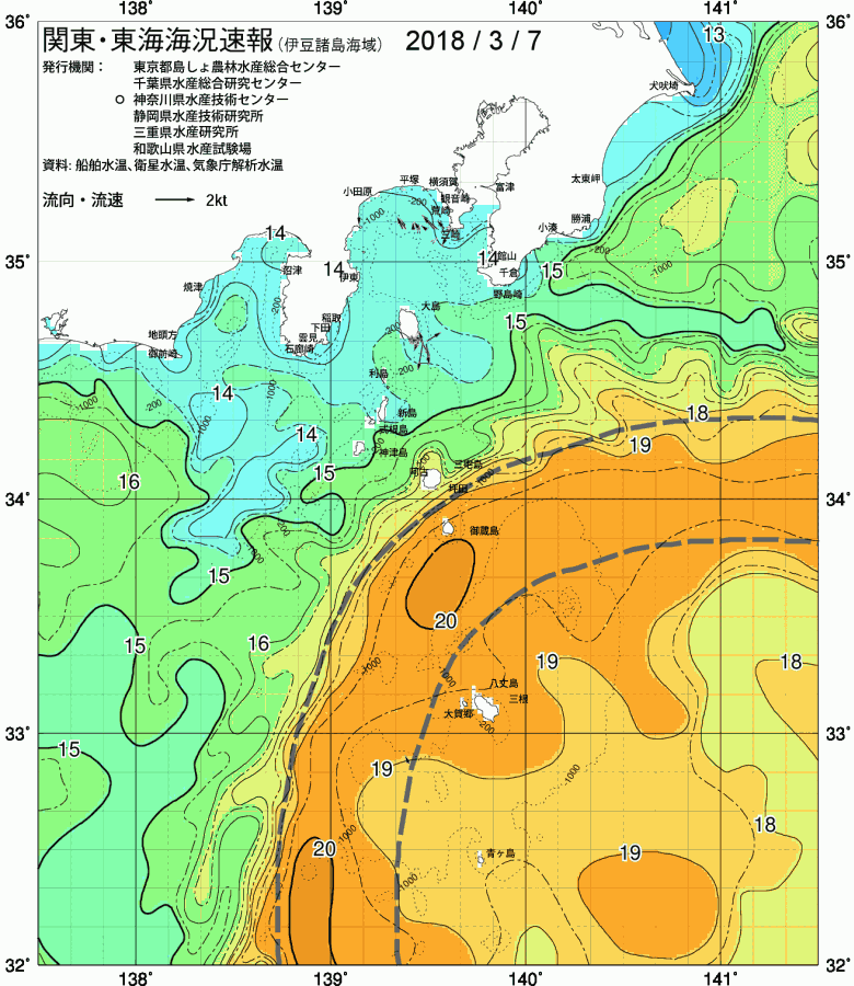 海況図, 関東・東海海況速報/伊豆諸島海域 検索結果, (黒潮, 水温分布, 冷水域, 暖水波及 等を図示)