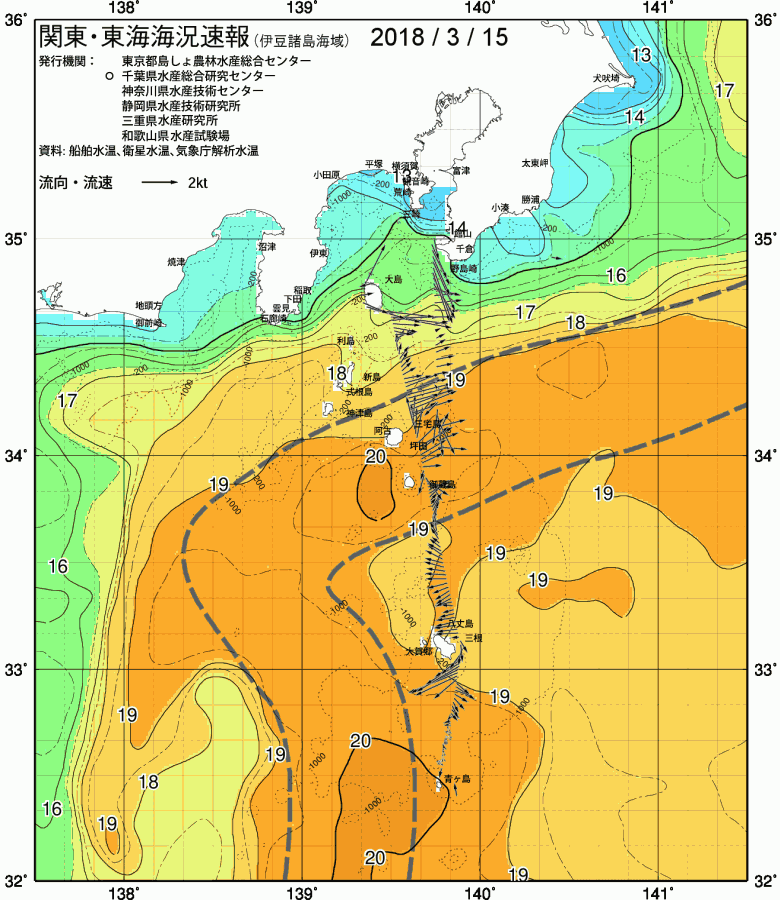 海況図, 関東・東海海況速報/伊豆諸島海域 検索結果, (黒潮, 水温分布, 冷水域, 暖水波及 等を図示)
