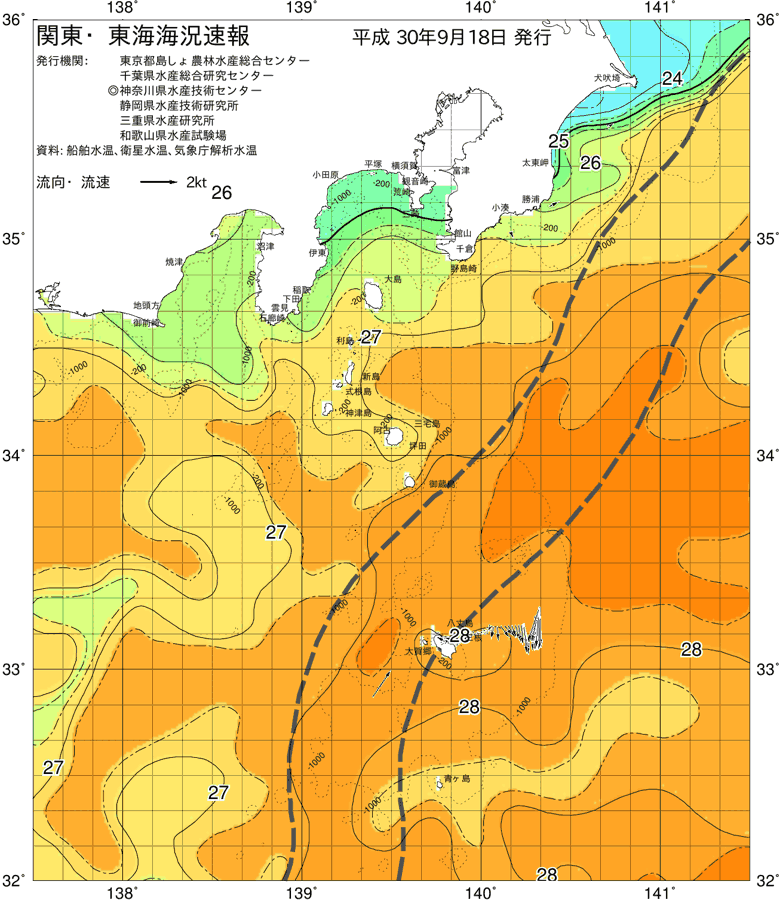 海況図, 関東・東海海況速報/伊豆諸島海域 検索結果, (黒潮, 水温分布, 冷水域, 暖水波及 等を図示)