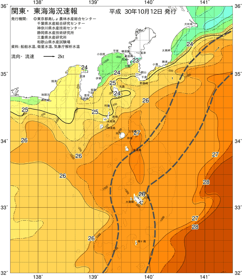 海況図, 関東・東海海況速報/伊豆諸島海域 検索結果, (黒潮, 水温分布, 冷水域, 暖水波及 等を図示)