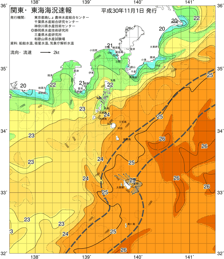 海況図, 関東・東海海況速報/伊豆諸島海域 検索結果, (黒潮, 水温分布, 冷水域, 暖水波及 等を図示)