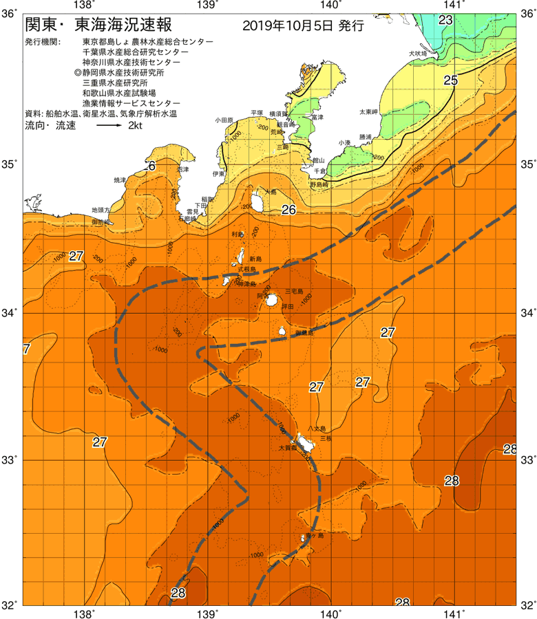 海況図, 関東・東海海況速報/伊豆諸島海域 検索結果, (黒潮, 水温分布, 冷水域, 暖水波及 等を図示)