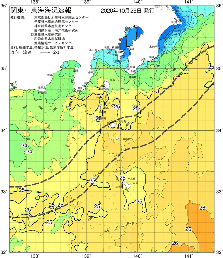 海況図, 関東・東海海況速報/伊豆諸島海域 検索結果, (黒潮, 水温分布, 冷水域, 暖水波及 等を図示)