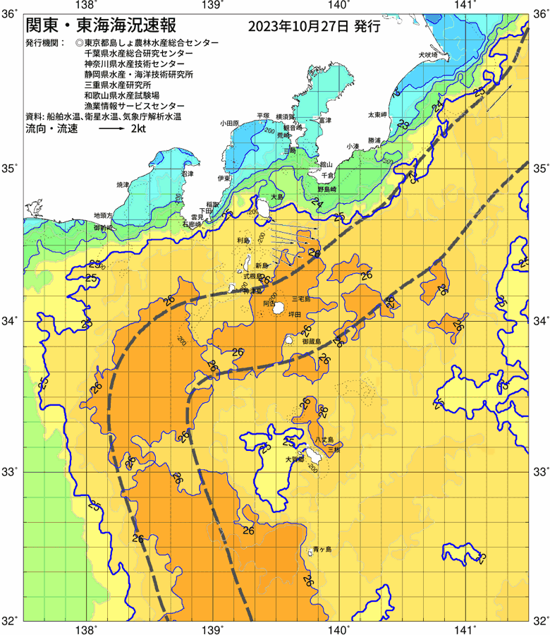 海況図, 関東・東海海況速報/伊豆諸島海域 検索結果, (黒潮, 水温分布, 冷水域, 暖水波及 等を図示)