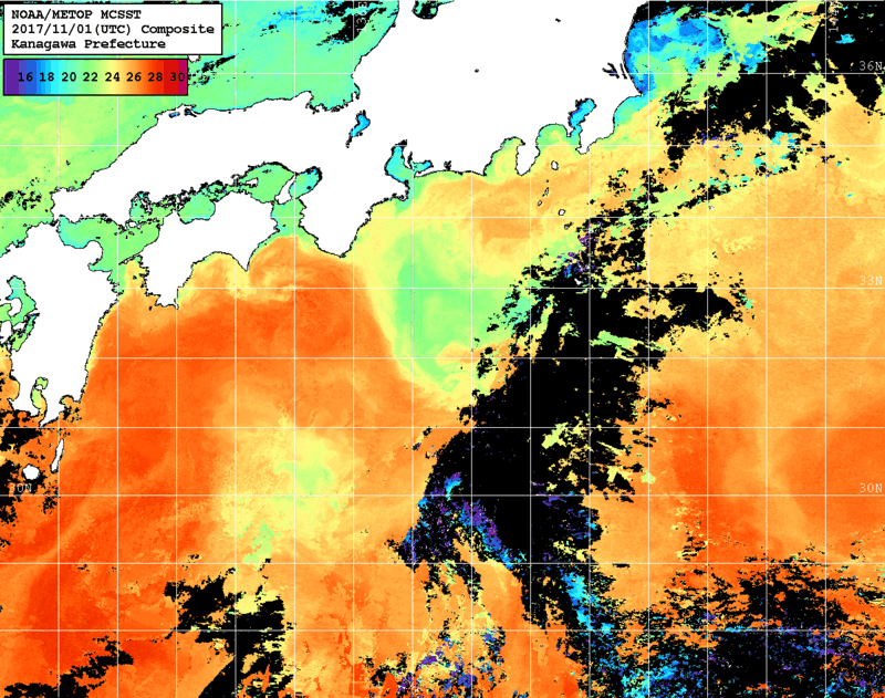 NOAA、MetOp 人工衛星画像 検索結果, 水温分布を図示