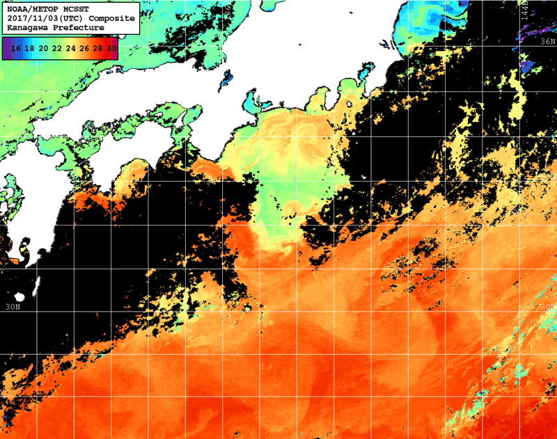 NOAA、MetOp 人工衛星画像 検索結果, 水温分布を図示