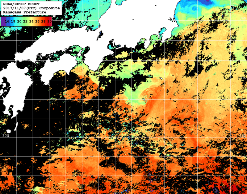 NOAA、MetOp 人工衛星画像 検索結果, 水温分布を図示