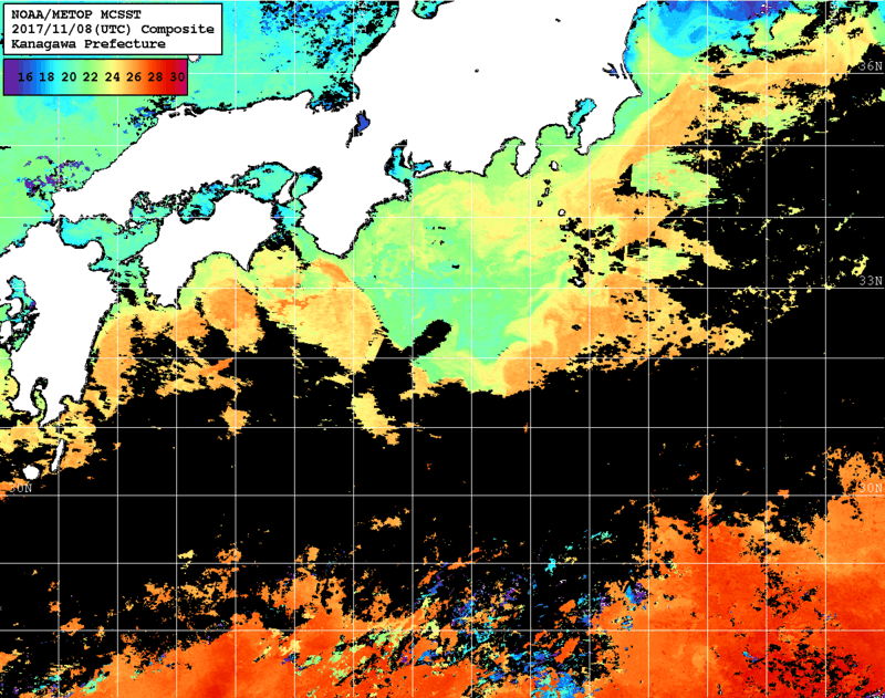 NOAA、MetOp 人工衛星画像 検索結果, 水温分布を図示