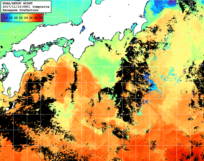 NOAA、MetOp 人工衛星画像 検索結果, 水温分布を図示
