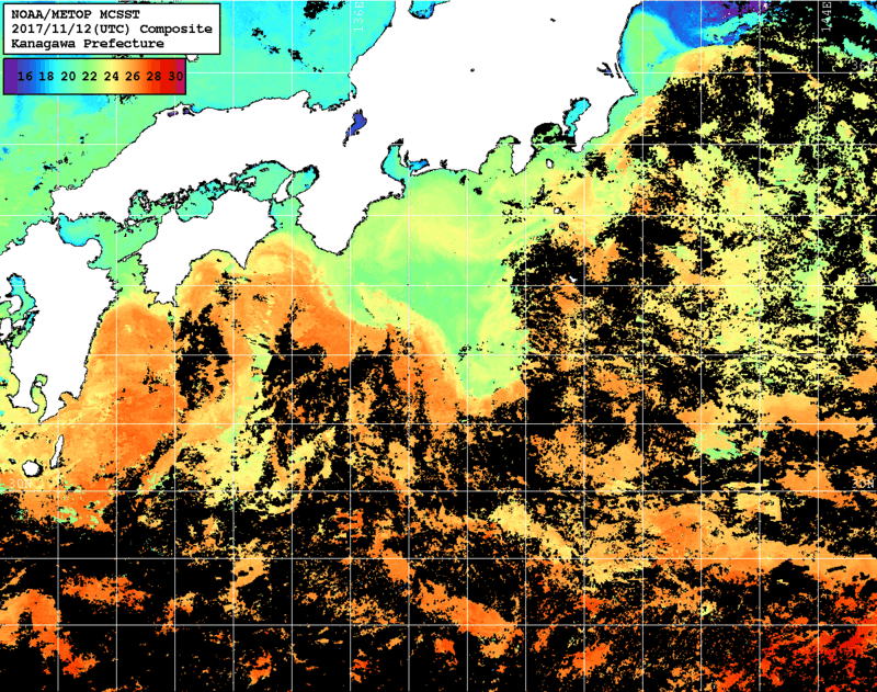 NOAA、MetOp 人工衛星画像 検索結果, 水温分布を図示