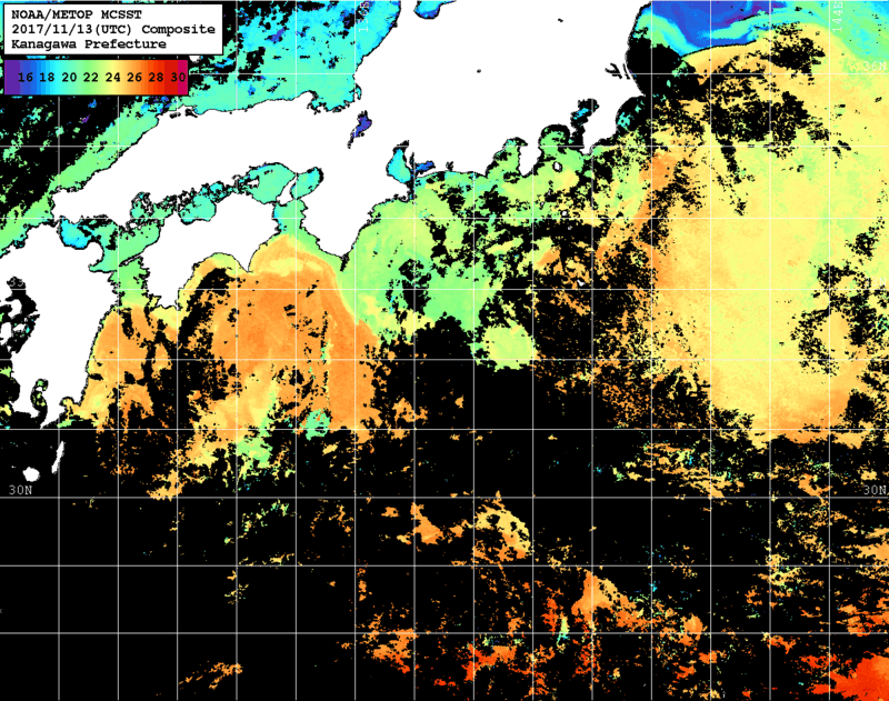 NOAA、MetOp 人工衛星画像 検索結果, 水温分布を図示