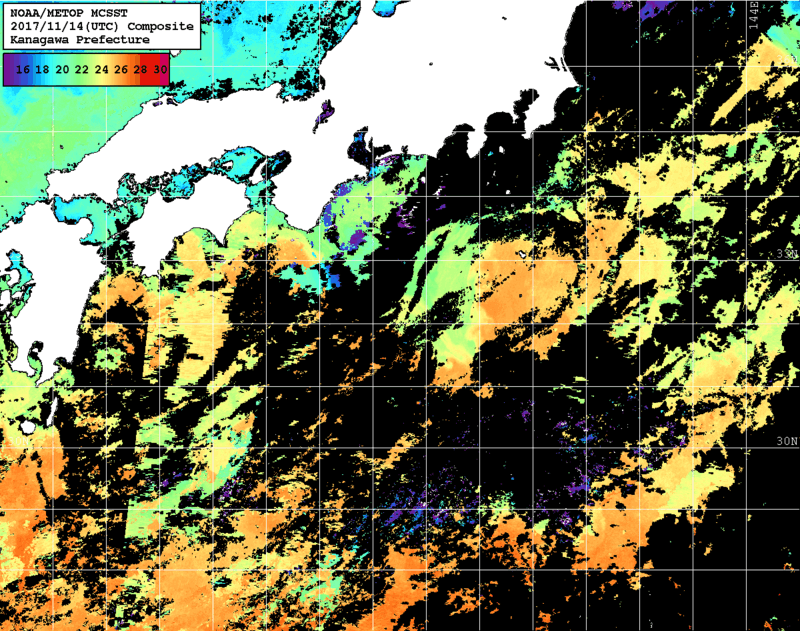 NOAA、MetOp 人工衛星画像 検索結果, 水温分布を図示