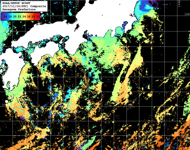 NOAA、MetOp 人工衛星画像 検索結果, 水温分布を図示