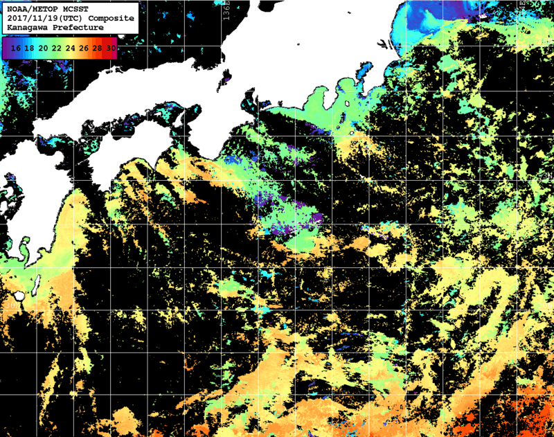NOAA、MetOp 人工衛星画像 検索結果, 水温分布を図示