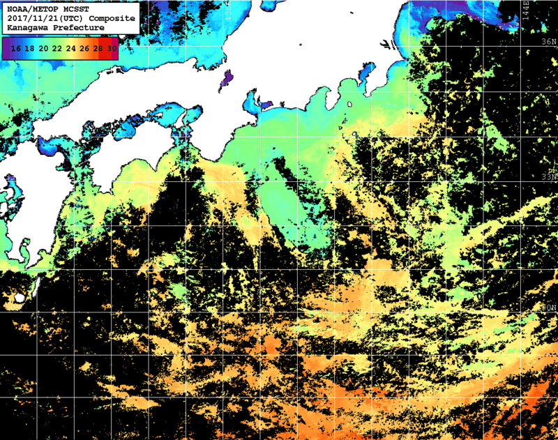 NOAA、MetOp 人工衛星画像 検索結果, 水温分布を図示