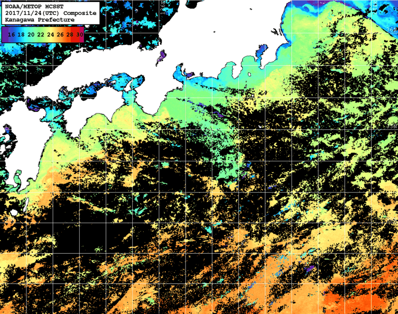 NOAA、MetOp 人工衛星画像 検索結果, 水温分布を図示