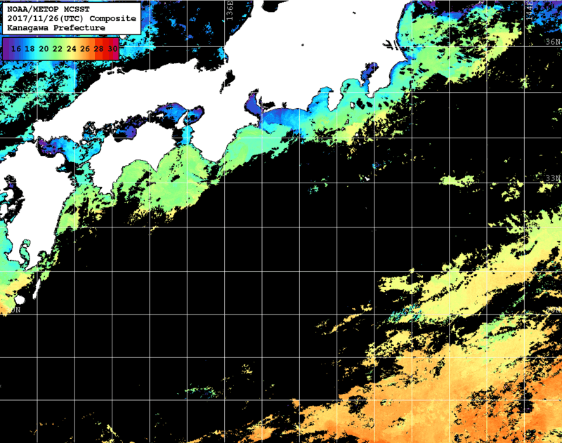 NOAA、MetOp 人工衛星画像 検索結果, 水温分布を図示