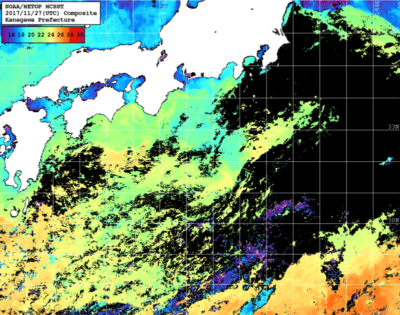 NOAA、MetOp 人工衛星画像 検索結果, 水温分布を図示