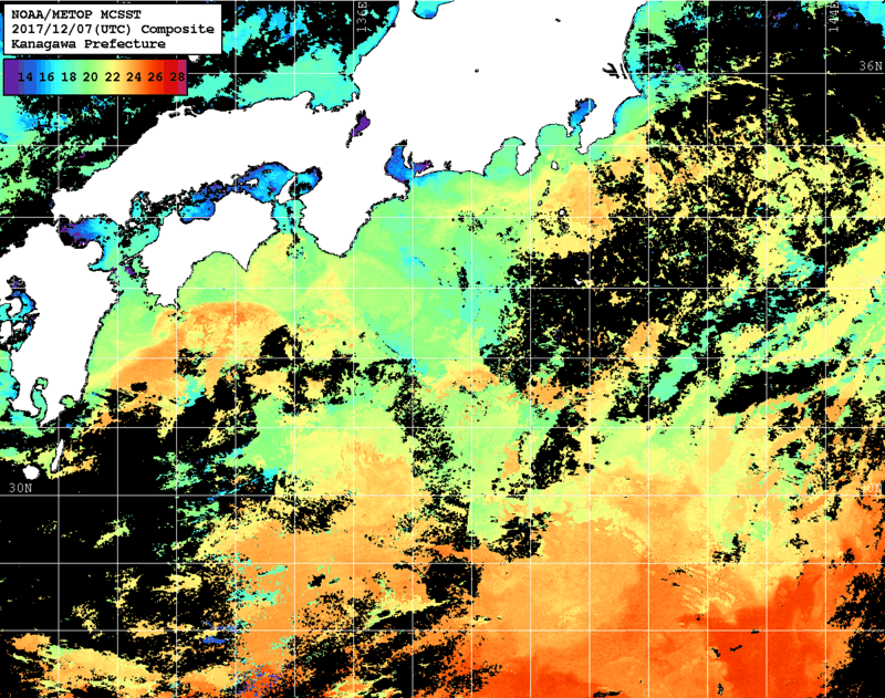 NOAA、MetOp 人工衛星画像 検索結果, 水温分布を図示