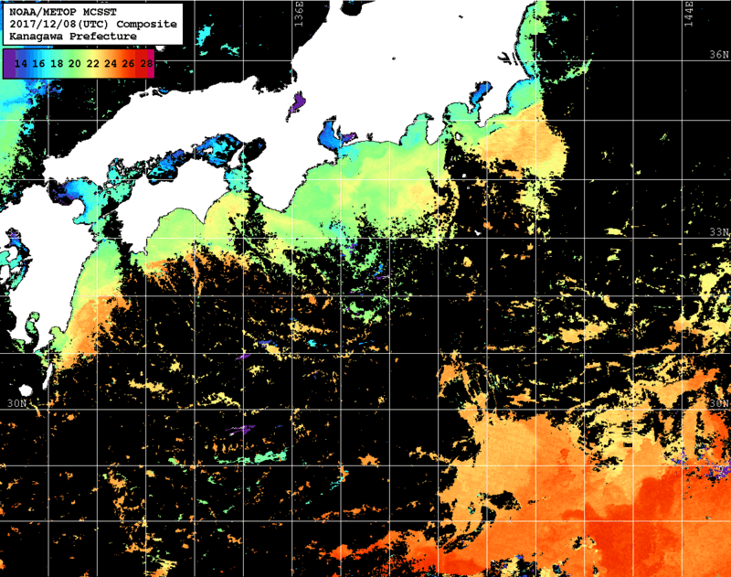 NOAA、MetOp 人工衛星画像 検索結果, 水温分布を図示