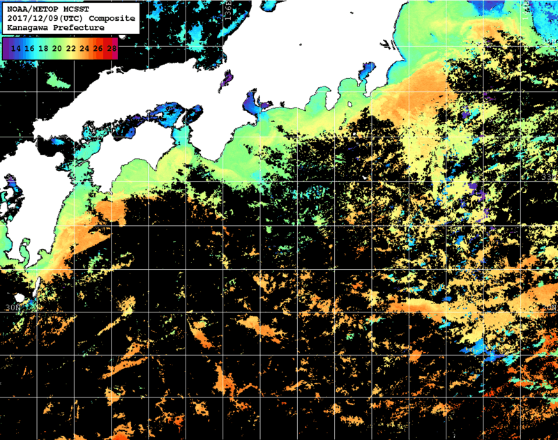 NOAA、MetOp 人工衛星画像 検索結果, 水温分布を図示