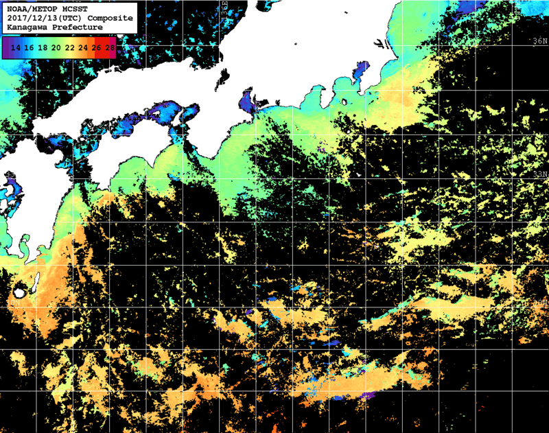 NOAA、MetOp 人工衛星画像 検索結果, 水温分布を図示