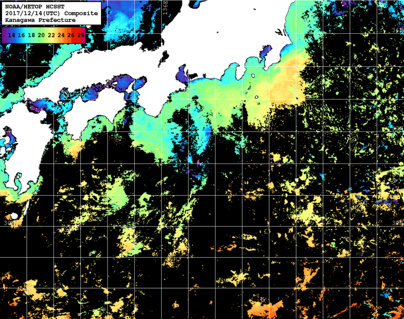NOAA、MetOp 人工衛星画像 検索結果, 水温分布を図示