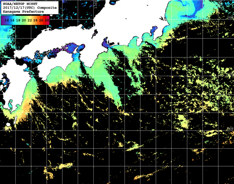 NOAA、MetOp 人工衛星画像 検索結果, 水温分布を図示