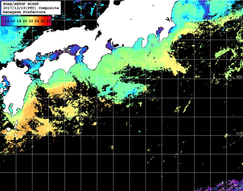 NOAA、MetOp 人工衛星画像 検索結果, 水温分布を図示