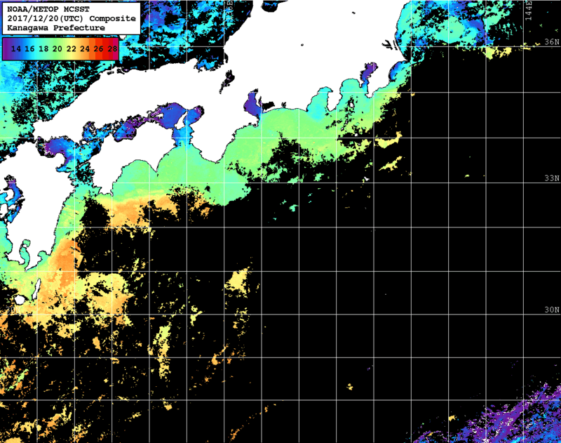 NOAA、MetOp 人工衛星画像 検索結果, 水温分布を図示