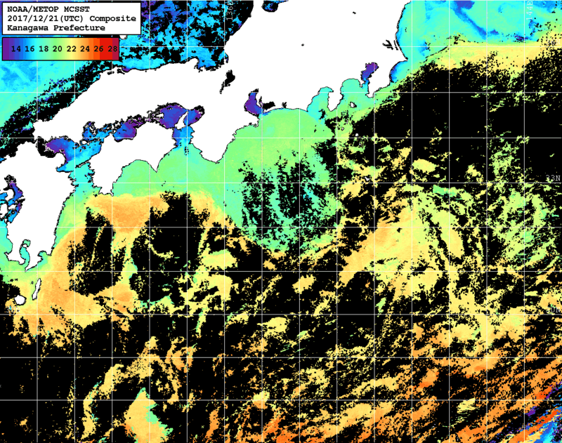 NOAA、MetOp 人工衛星画像 検索結果, 水温分布を図示
