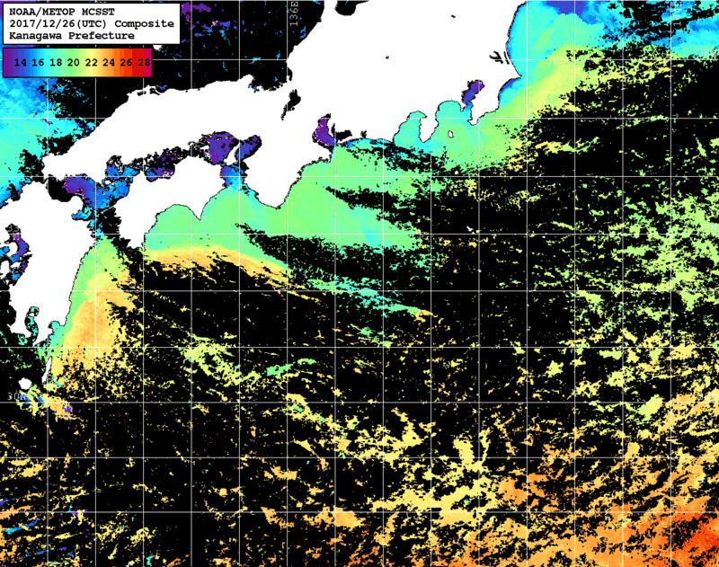 NOAA、MetOp 人工衛星画像 検索結果, 水温分布を図示