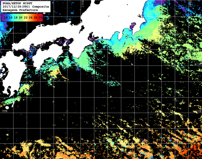 NOAA、MetOp 人工衛星画像 検索結果, 水温分布を図示