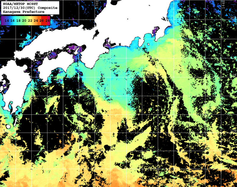 NOAA、MetOp 人工衛星画像 検索結果, 水温分布を図示