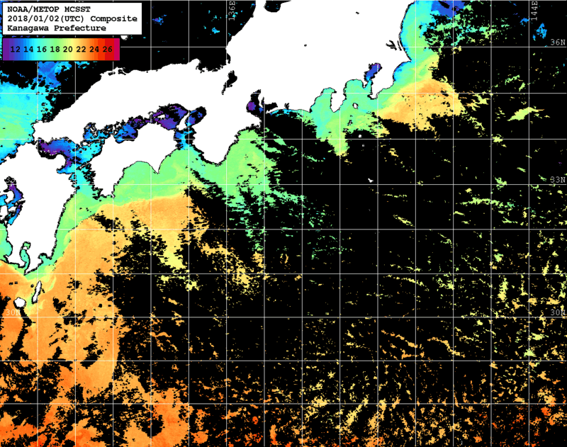 NOAA、MetOp 人工衛星画像 検索結果, 水温分布を図示