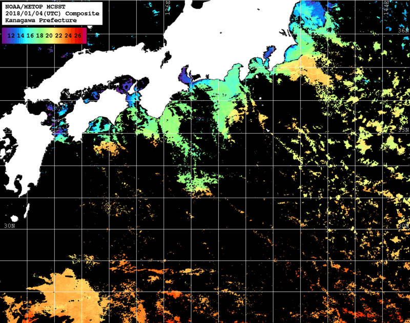 NOAA、MetOp 人工衛星画像 検索結果, 水温分布を図示