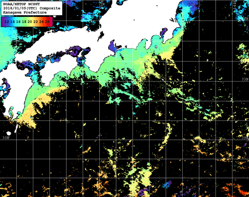 NOAA、MetOp 人工衛星画像 検索結果, 水温分布を図示