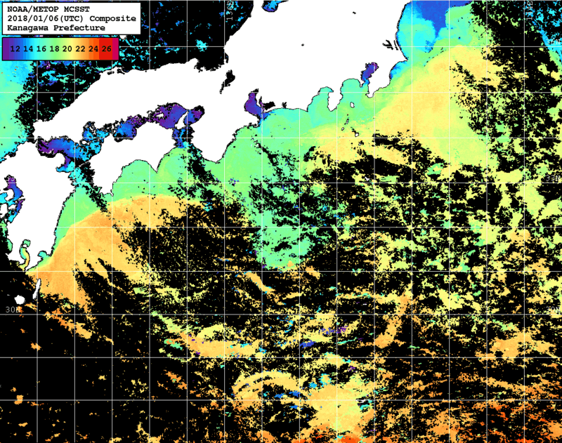 NOAA、MetOp 人工衛星画像 検索結果, 水温分布を図示