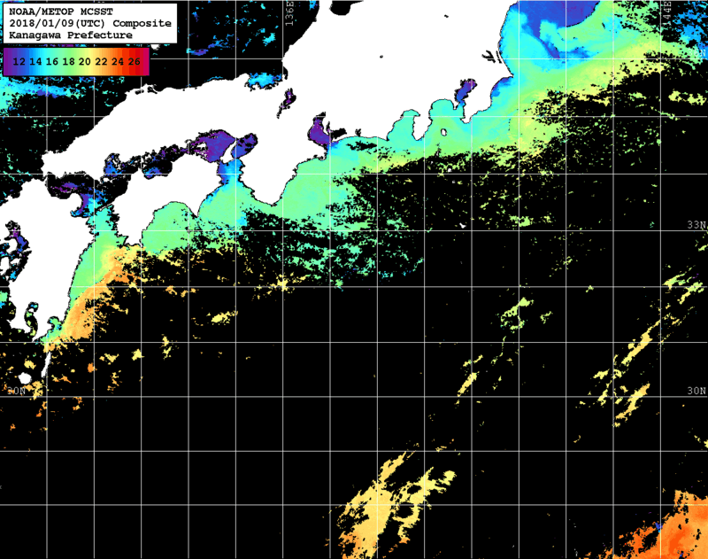 NOAA、MetOp 人工衛星画像 検索結果, 水温分布を図示