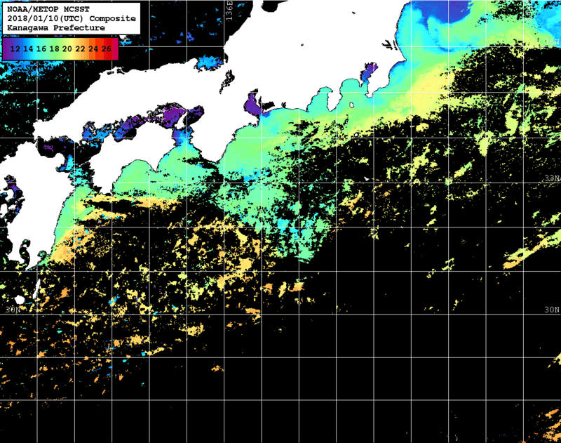 NOAA、MetOp 人工衛星画像 検索結果, 水温分布を図示