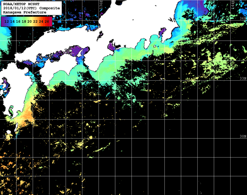 NOAA、MetOp 人工衛星画像 検索結果, 水温分布を図示