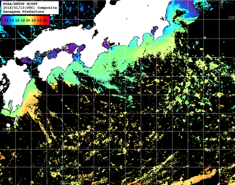 NOAA、MetOp 人工衛星画像 検索結果, 水温分布を図示