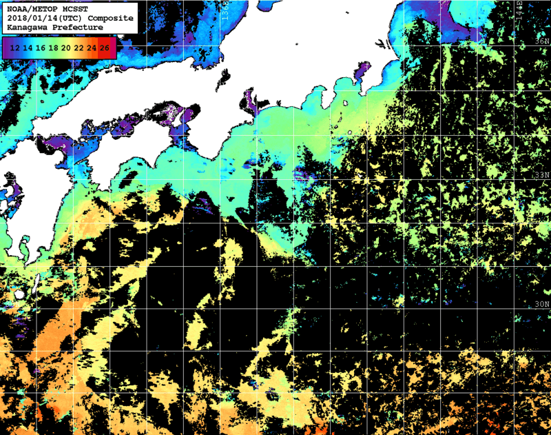 NOAA、MetOp 人工衛星画像 検索結果, 水温分布を図示