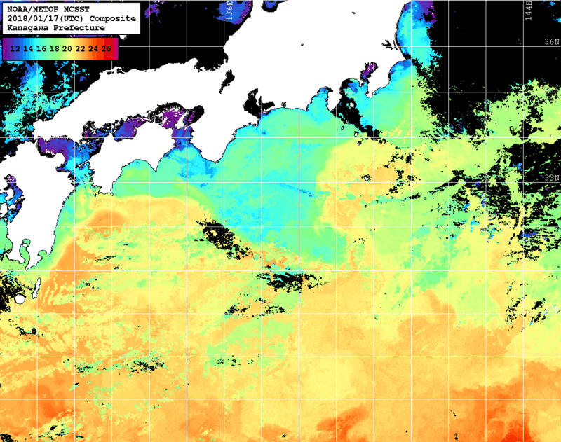 NOAA、MetOp 人工衛星画像 検索結果, 水温分布を図示