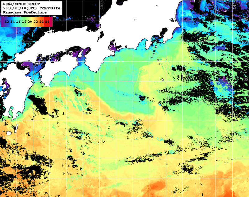 NOAA、MetOp 人工衛星画像 検索結果, 水温分布を図示