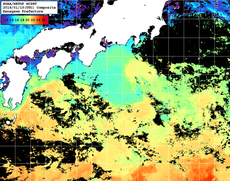 NOAA、MetOp 人工衛星画像 検索結果, 水温分布を図示